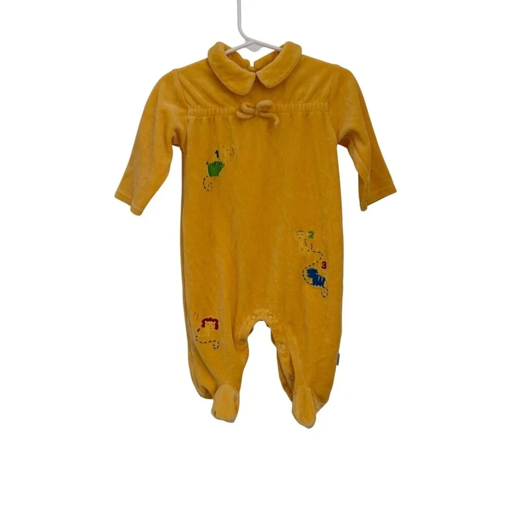 First Impressions Baby Velour Footed Romper 6-9M Yellow Safari Animals Vintage